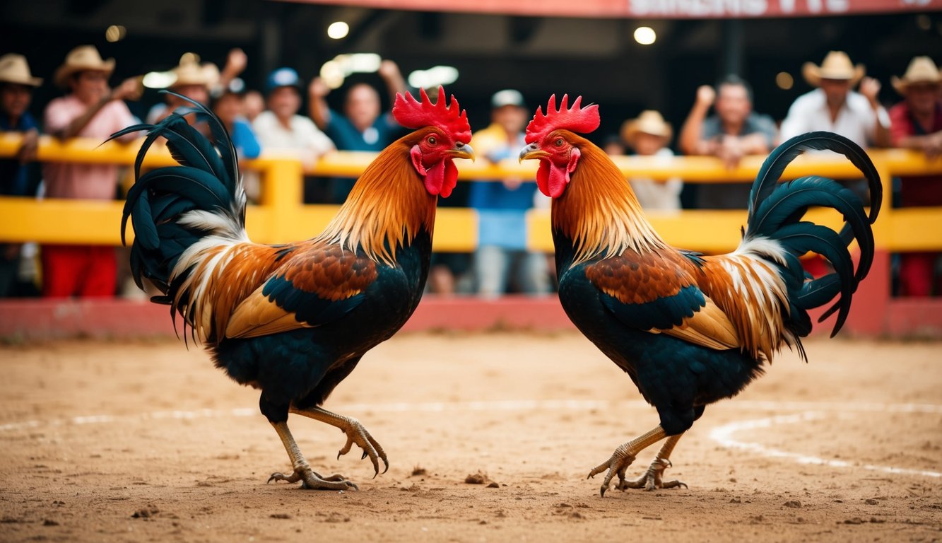 Dua ayam jantan saling berhadapan di arena sabung ayam tradisional, dikelilingi oleh penonton yang bersorak dan suasana yang meriah