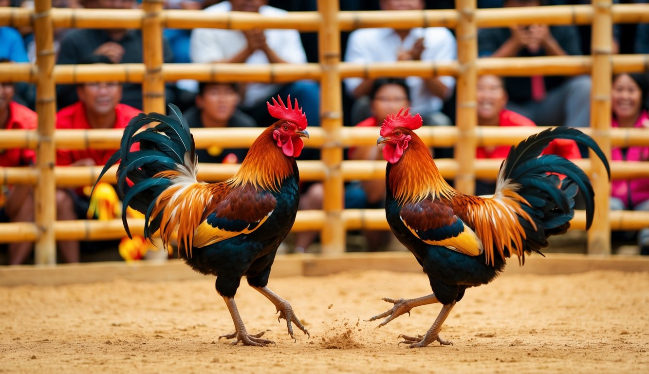 Dua ayam jantan terlibat pertempuran di dalam arena berdinding bambu, dikelilingi oleh penonton yang bersorak.