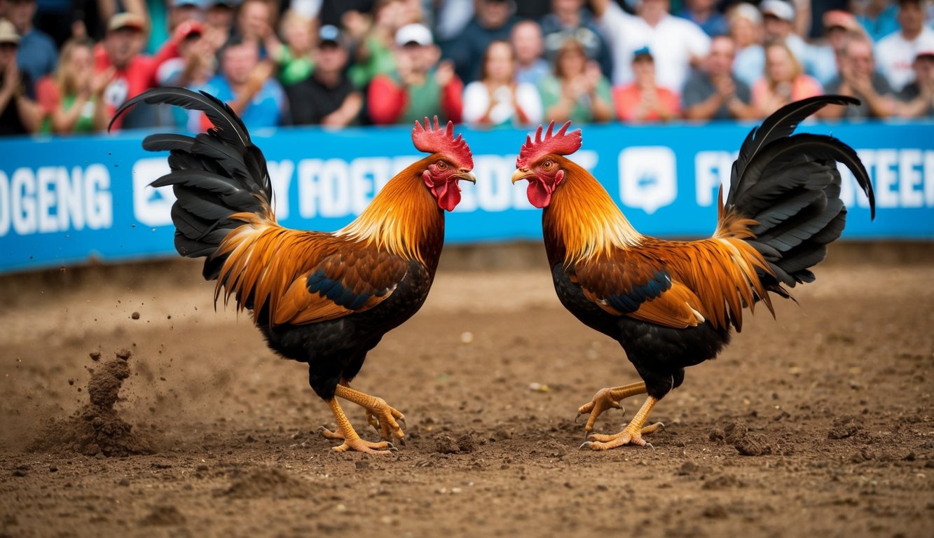 Dua ayam jantan saling berhadapan di dalam lubang tanah yang dikelilingi oleh penonton yang bersorak. Burung-burung itu dengan ganas mencakar dan mengibaskan sayap mereka dalam pertunjukan agresi yang dramatis.