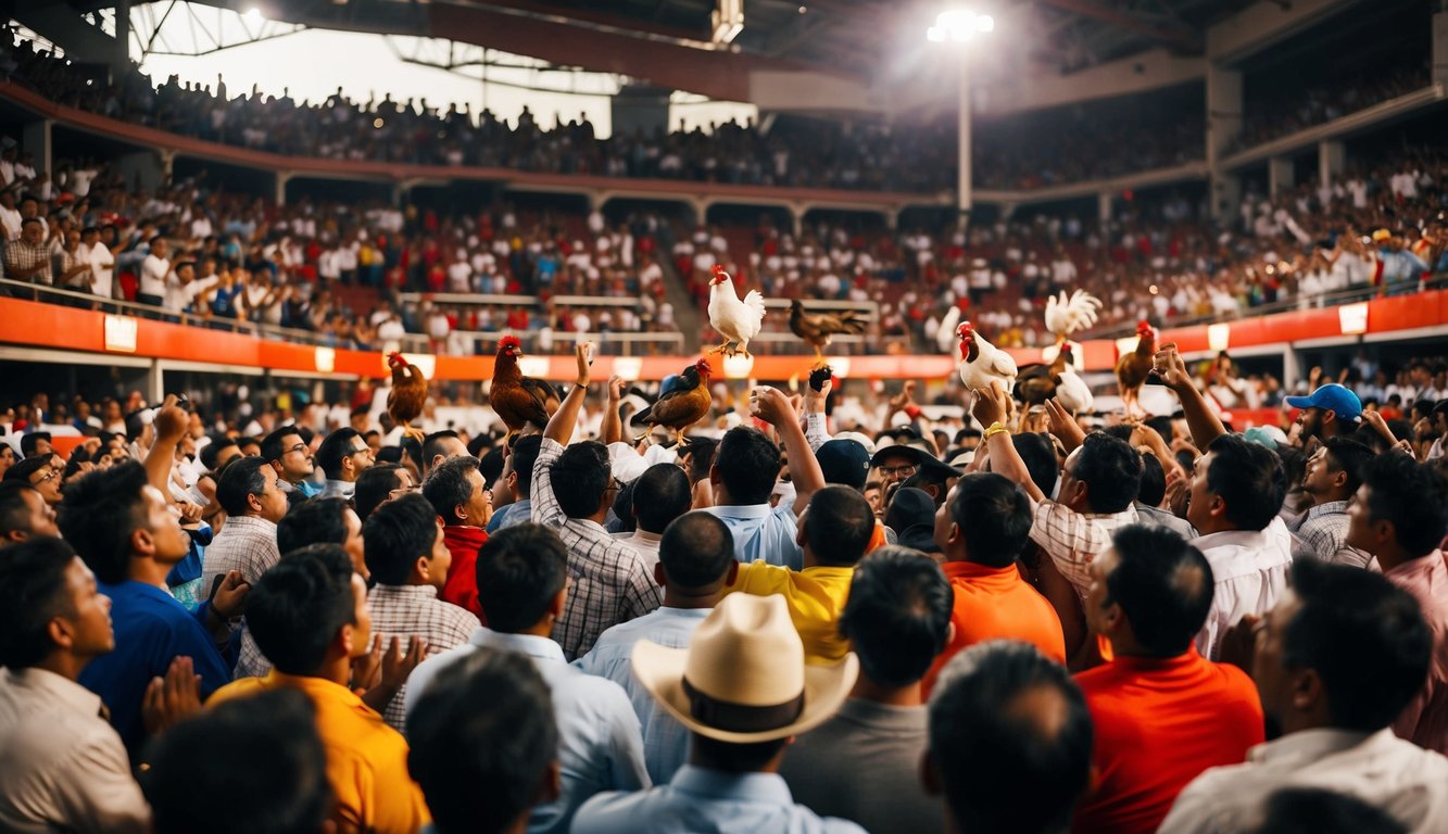 Sebuah arena yang ramai dipenuhi dengan penonton yang bersorak menyaksikan pertandingan sabung ayam yang intens