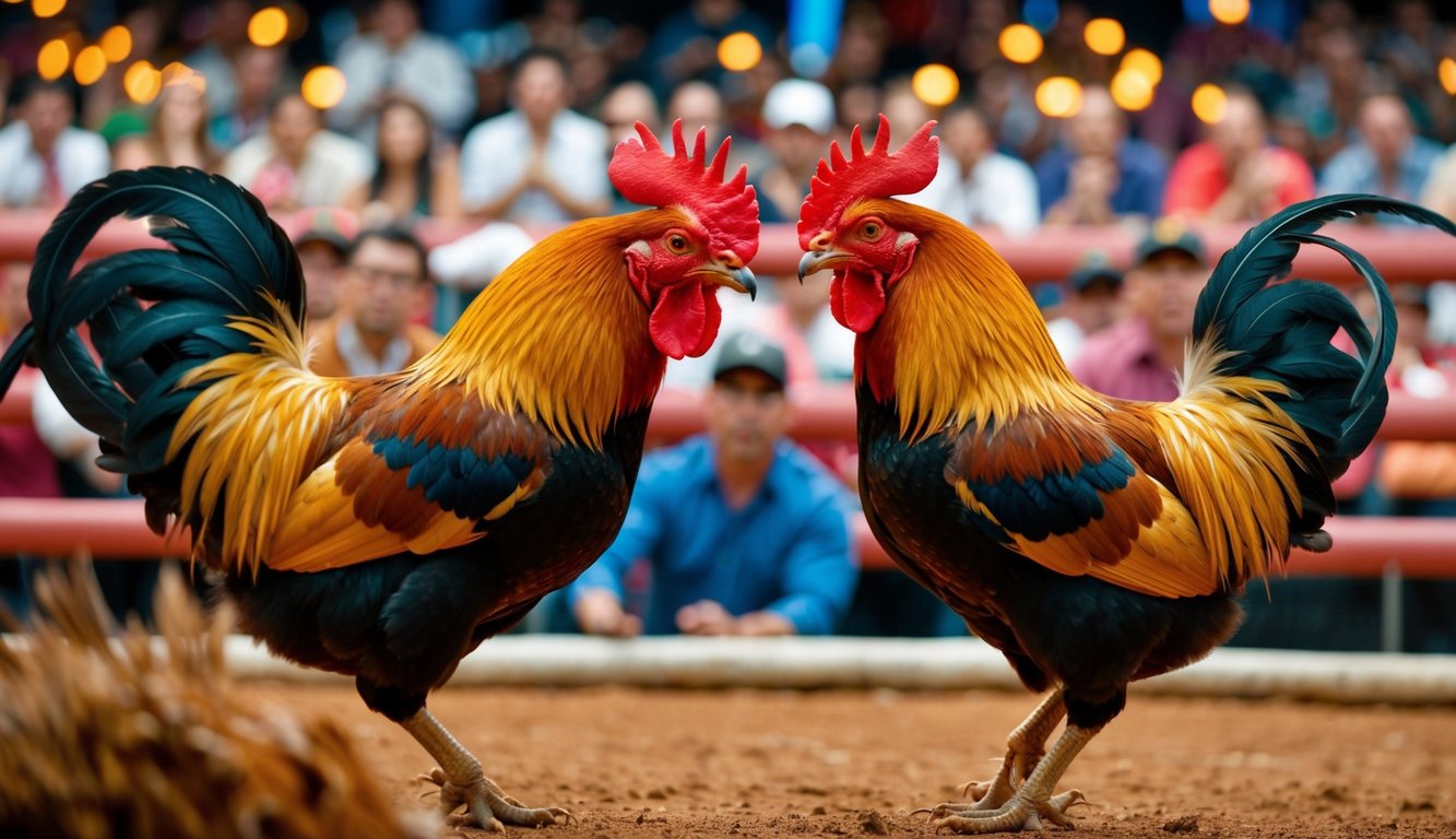 Dua ayam jantan berhadapan di arena sabung ayam online yang ramai, dikelilingi oleh penonton antusias yang memasang taruhan