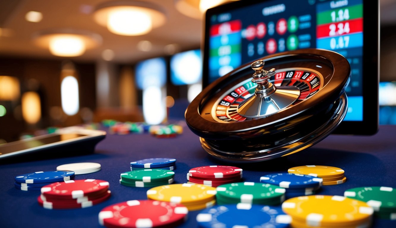 Roda roulette yang berputar dikelilingi oleh chip taruhan berwarna-warni dan antarmuka online yang ramping