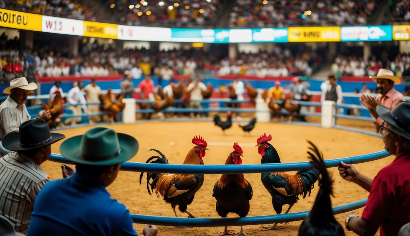 Sebuah arena sabung ayam yang ramai dengan penonton yang bersorak dan ayam jantan berwarna-warni di tengah ring