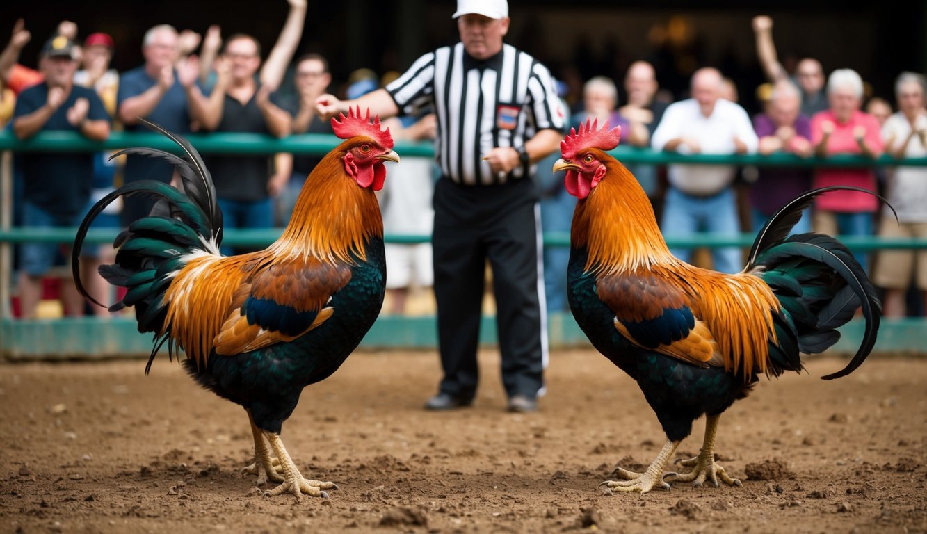 Dua ayam jantan berhadapan di dalam lubang tanah, dikelilingi oleh penonton yang bersorak. Seorang wasit siap untuk memberi sinyal mulai pertarungan.