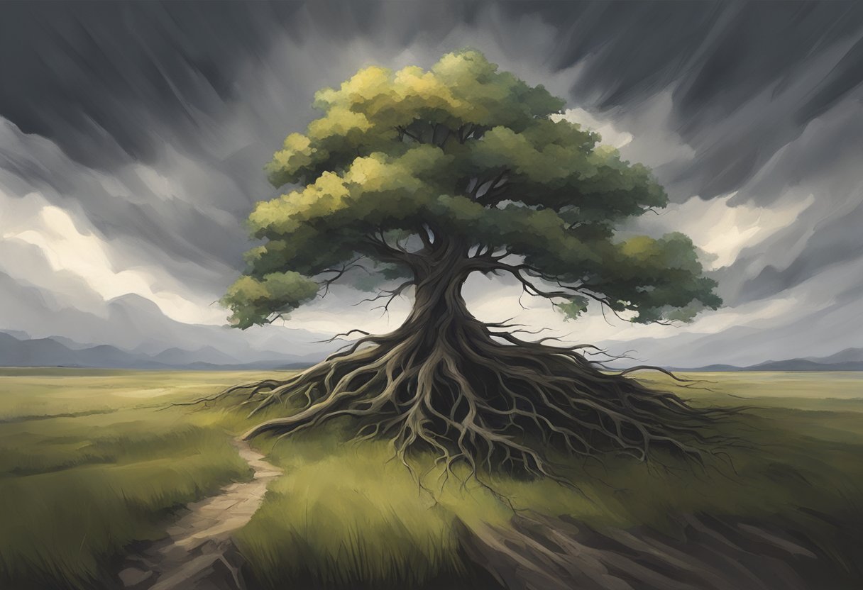 A lone tree stands tall in a storm, its roots firmly anchored in the ground. Despite the dark clouds and strong winds, the tree remains resilient, symbolizing the power of gratitude in the face of adversity