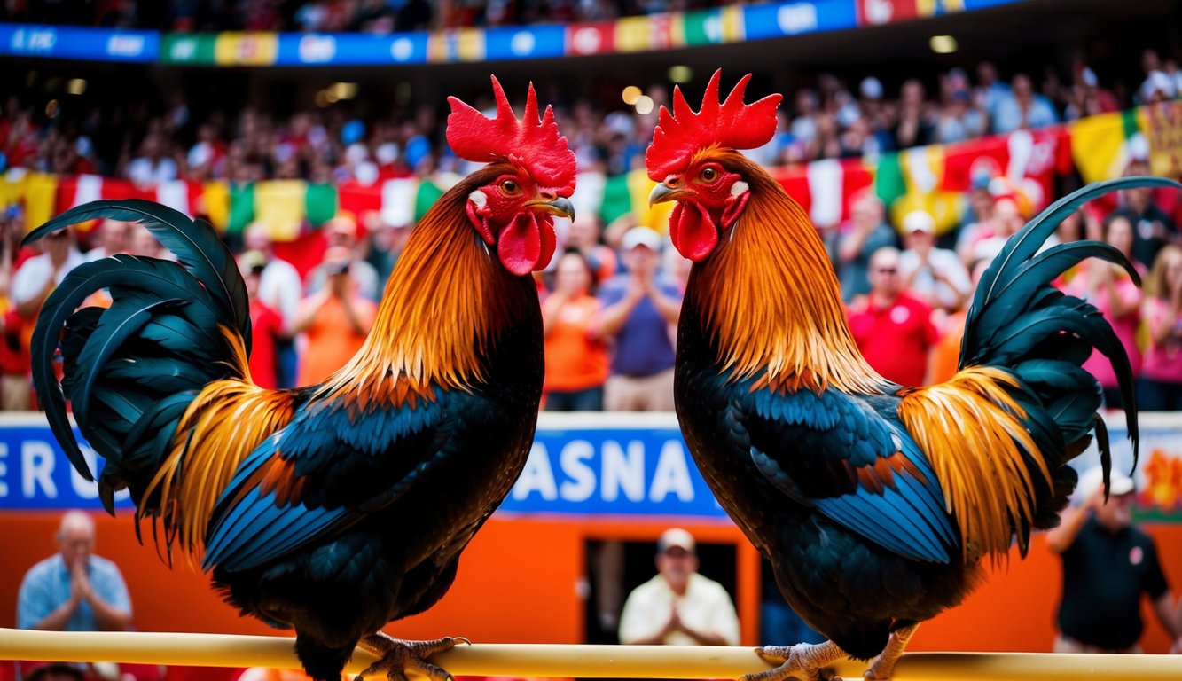 Dua ayam jantan saling berhadapan di arena yang ramai, dikelilingi oleh penonton yang bersorak dan spanduk berwarna-warni