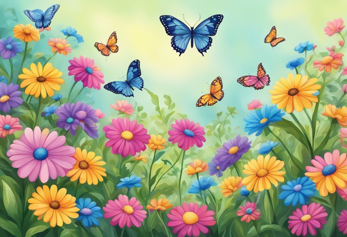 A colorful garden with blooming flowers and butterflies fluttering around, creating a sense of joy and gratitude