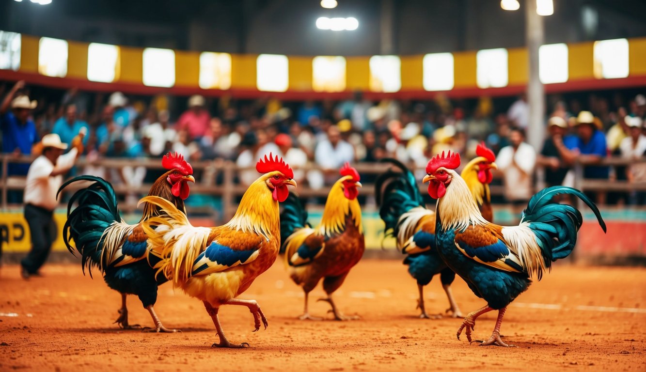 Sebuah arena sabung ayam yang ramai dan meriah dengan penonton yang bersorak serta ayam jantan berwarna-warni di tengah pertandingan yang sengit