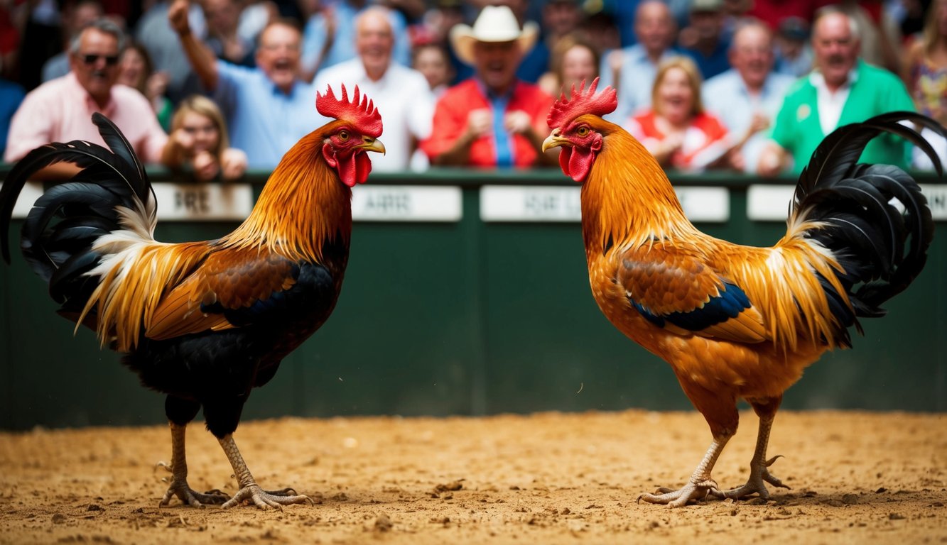 Dua ayam jantan berhadapan di arena yang ramai, dikelilingi oleh penonton antusias yang bersorak-sorai dan memasang taruhan