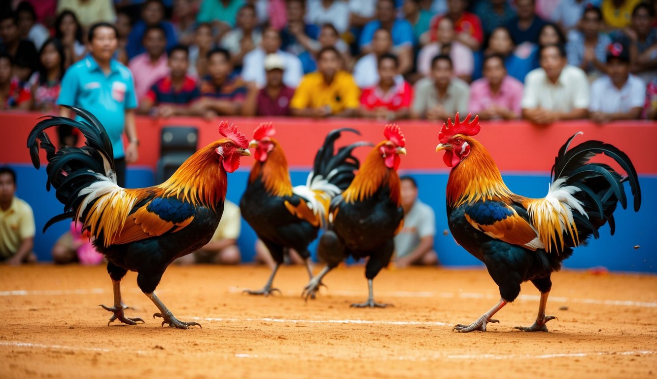 Sebuah arena yang ramai dengan ayam jantan berwarna-warni yang saling berhadapan dalam pertandingan sabung ayam yang sengit, dikelilingi oleh penonton yang antusias.