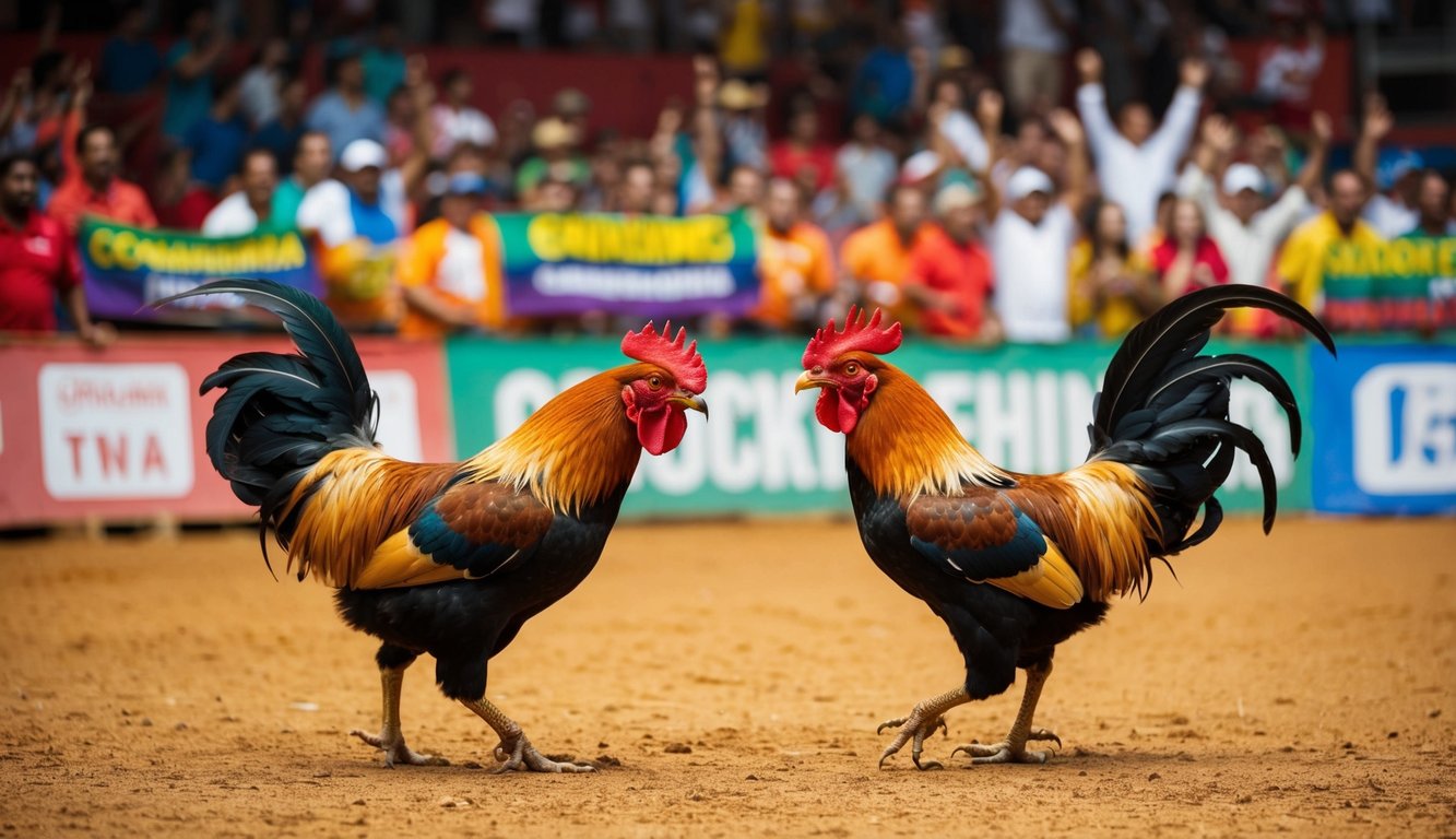 Dua ayam jantan berhadapan di arena sabung ayam online yang ramai, dikelilingi oleh penonton yang bersorak dan spanduk berwarna-warni.