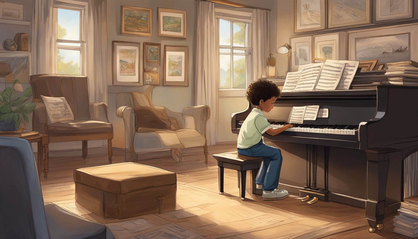 A young boy sits at a piano, surrounded by family photos and music sheets. The room is filled with warmth and love, as he begins his musical journey