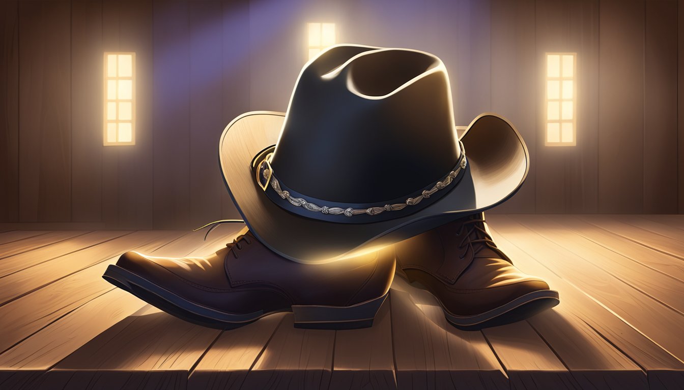 A cowboy hat and a pair of cowboy boots on a wooden stage with a spotlight shining down