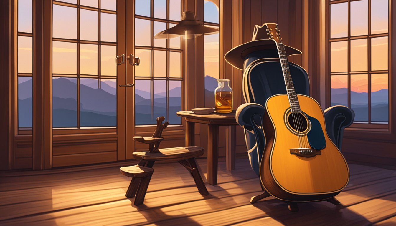 A cowboy hat on a wooden stool, surrounded by a guitar, boots, and a whiskey glass. Sunset casts a warm glow through the window