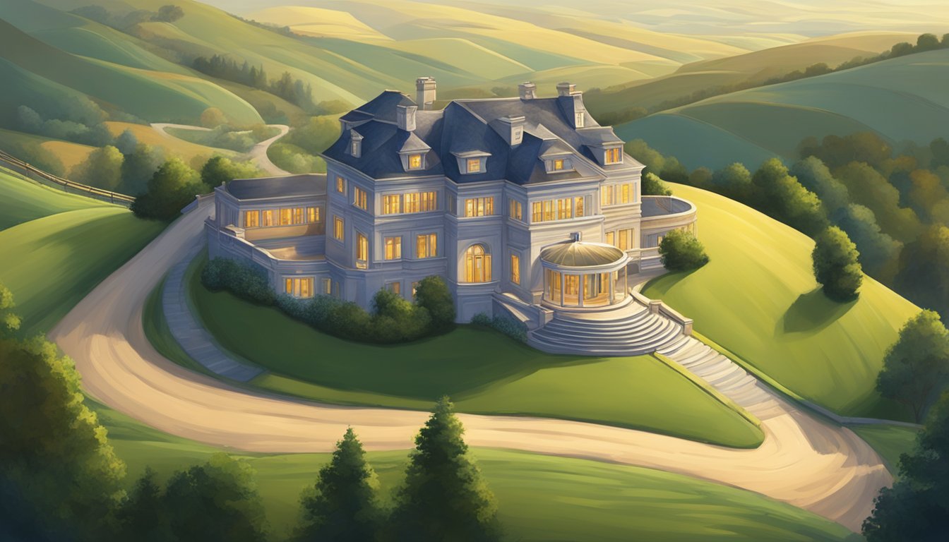 A winding road leads to a grand mansion nestled among rolling hills, with a spotlight shining on the entrance