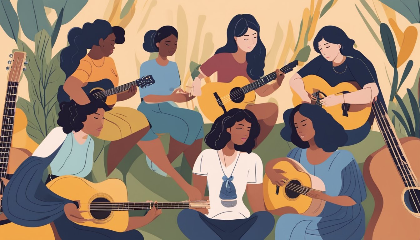 A group of women sitting in a circle, each holding a guitar and sharing song lyrics with each other