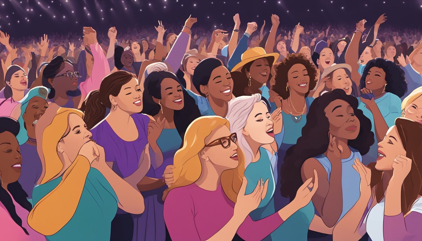 A crowd of diverse women dancing and singing along to George Strait's music at a lively concert venue