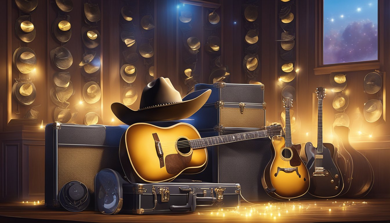 A cowboy hat sits atop a guitar case, surrounded by a collection of gold and platinum records on the wall. The glow of stage lights illuminates the scene