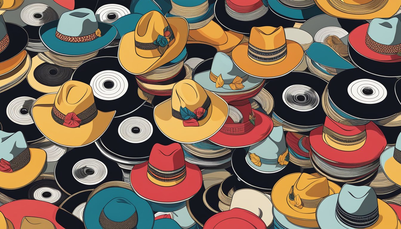 A cowboy hat surrounded by a collection of vinyl records, each one featuring a different woman's name