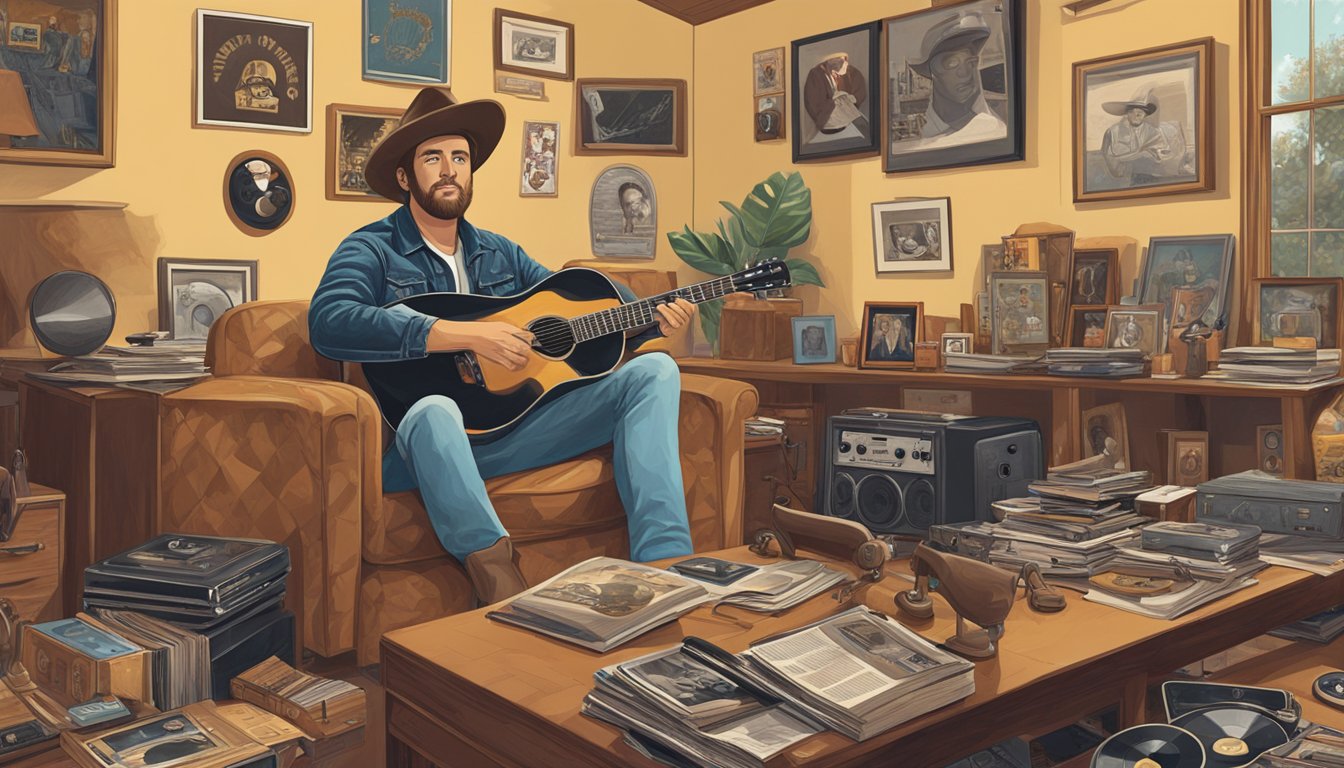 A country music star reflects on his past relationships, surrounded by vintage records and memorabilia