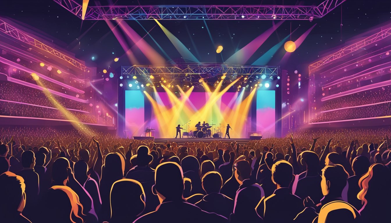 A colorful, crowded concert venue with flashing lights and a stage set for a record-breaking performance