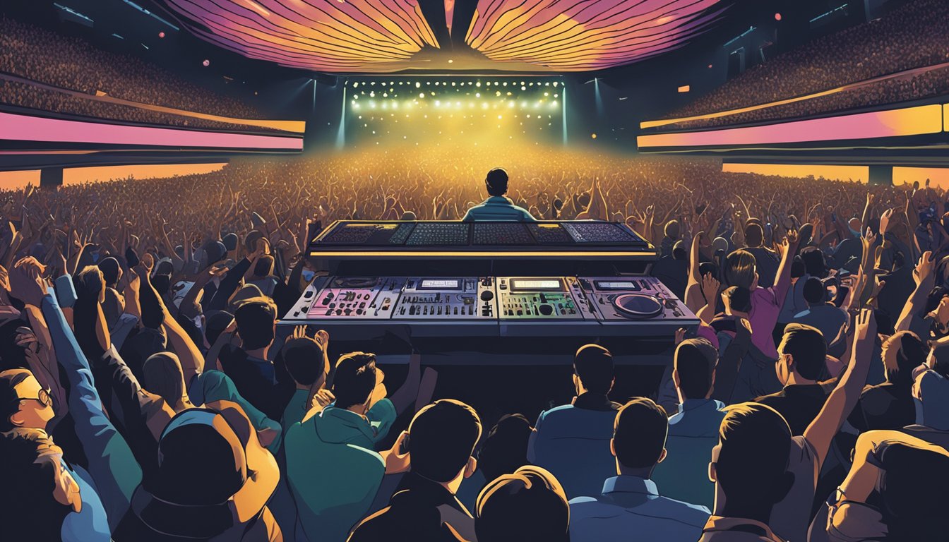 A crowded concert hall, lights flashing as a DJ sets the stage for George's record-breaking performance atop the Billboard charts