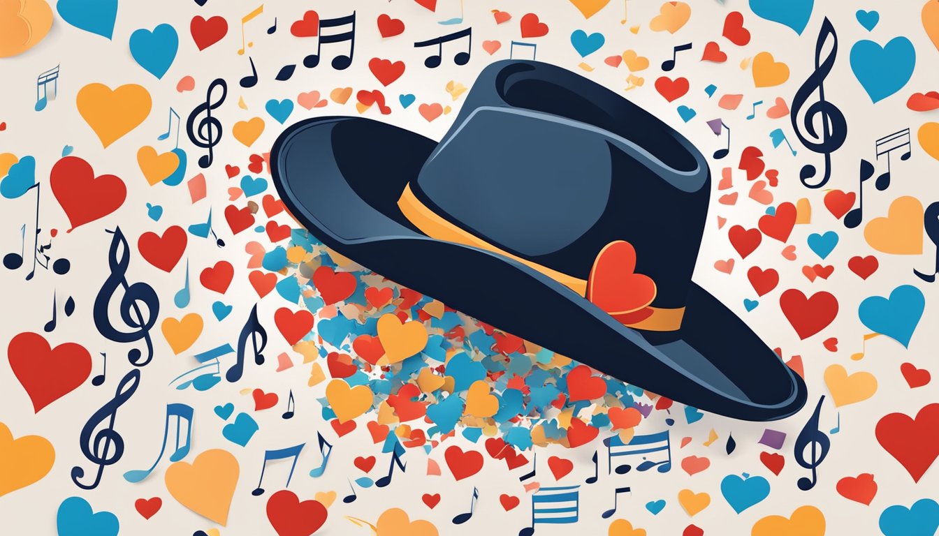 A cowboy hat surrounded by a circle of broken hearts and musical notes