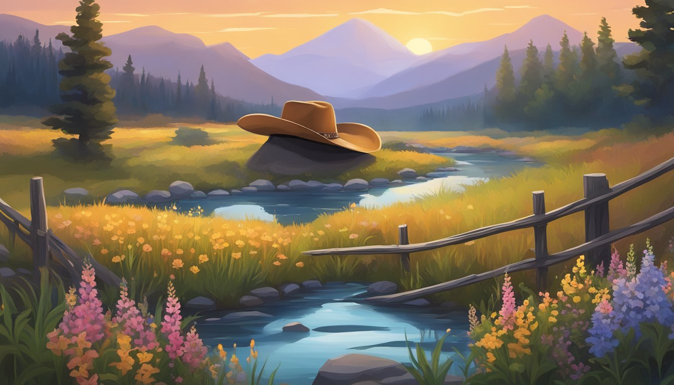 A lone cowboy hat rests on a wooden fence post, surrounded by wildflowers and a winding river under a sunset sky