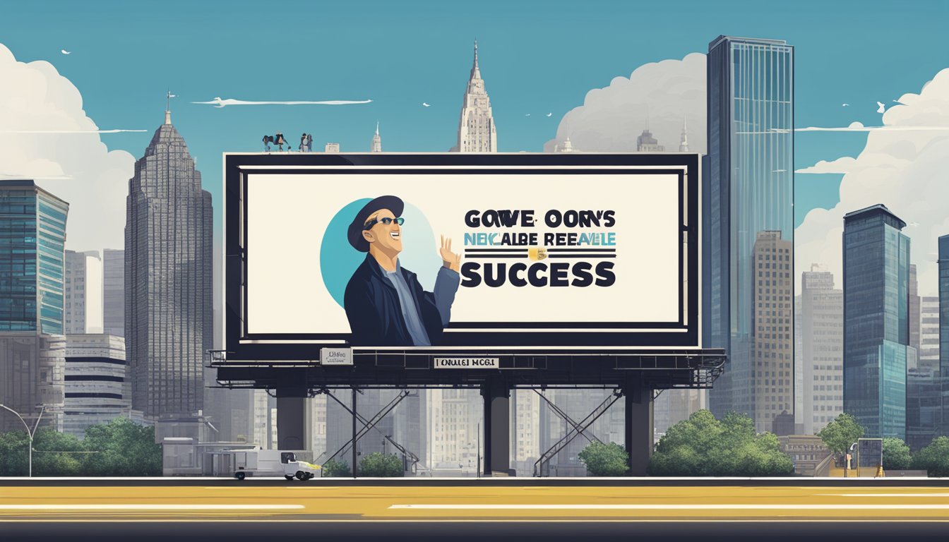 A towering billboard displaying George's record-breaking success, surrounded by a bustling city skyline