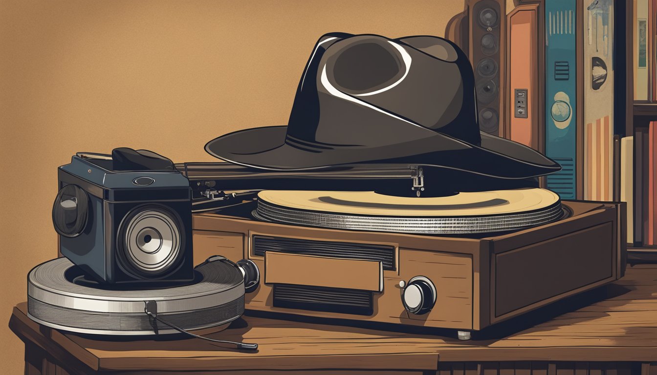 A lone cowboy hat sits atop a vintage record player, surrounded by old vinyl records and a worn acoustic guitar