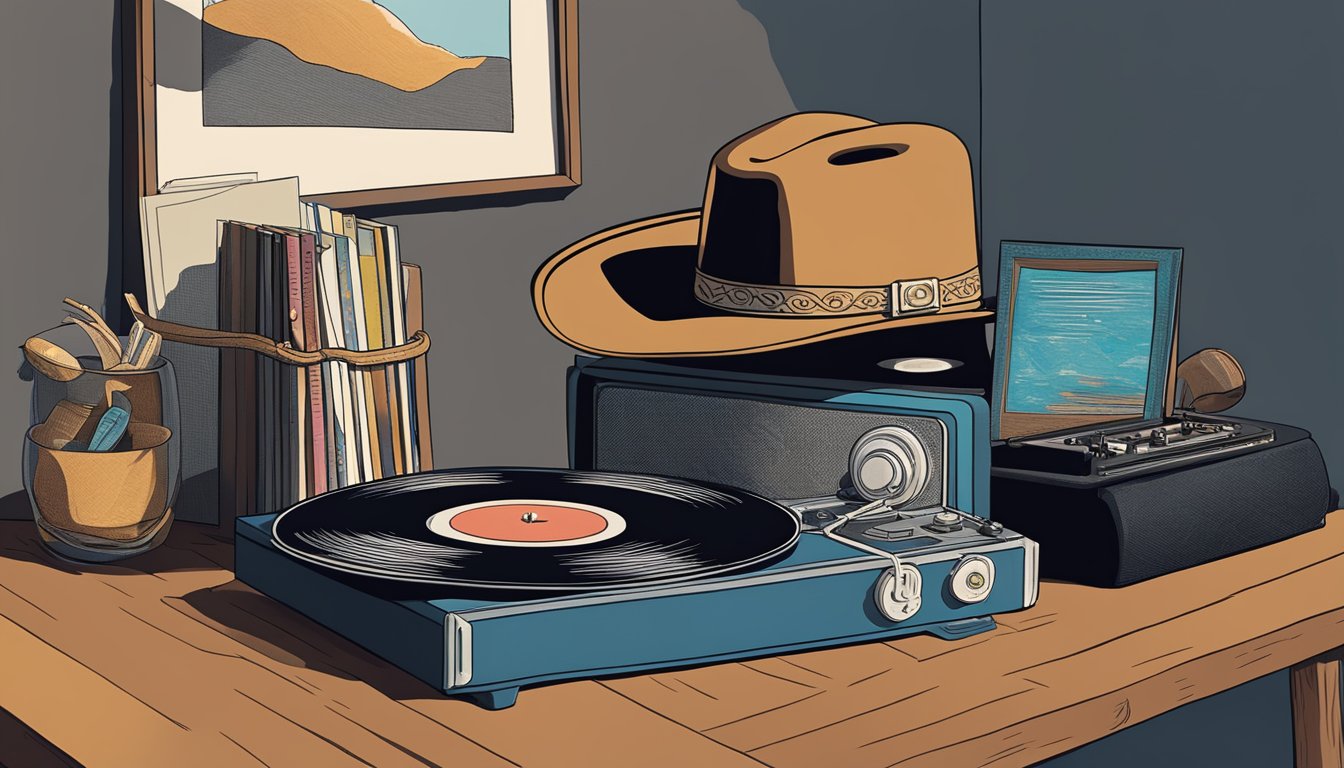 A lone cowboy hat sits atop a vintage record player, surrounded by a collection of George Strait's lesser-known albums