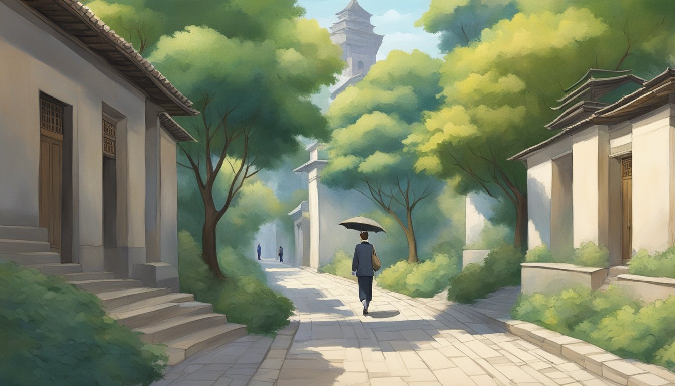 A lone figure walks confidently along a narrow, winding path, surrounded by towering trees and traditional architecture. The scene exudes a sense of steadfastness and resilience in the face of modernization