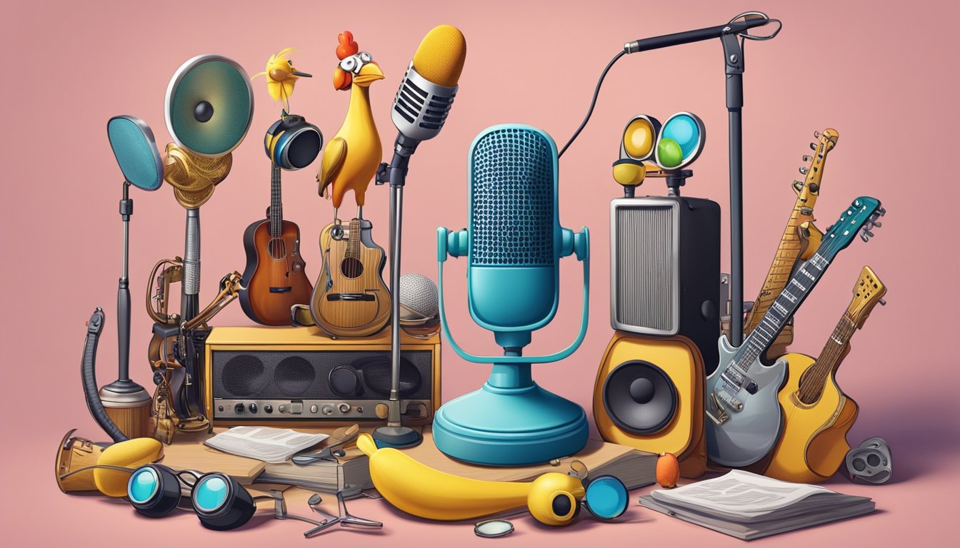 A microphone stand surrounded by a collection of comical props and instruments, including a rubber chicken, oversized glasses, and a kazoo