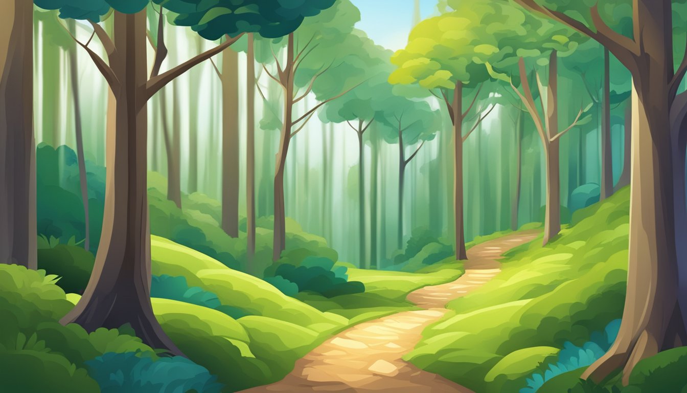 A winding path through a forest, with a clear and narrow route leading to a bright, successful future