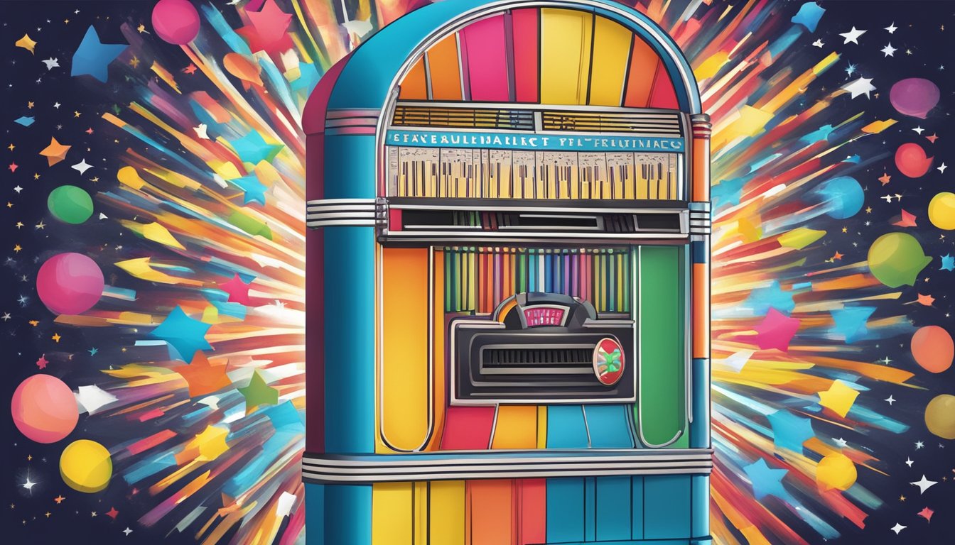 A colorful jukebox with comical song titles popping out like fireworks