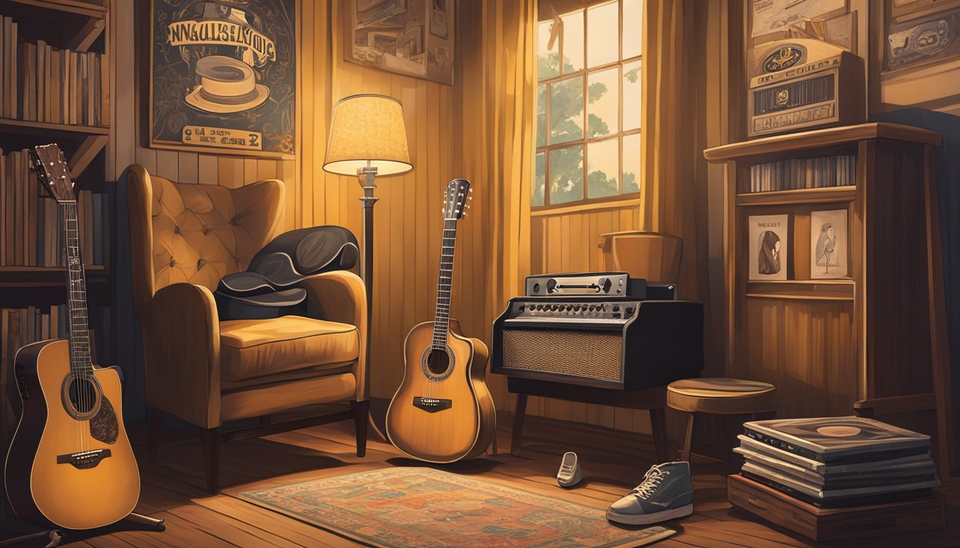 A lone guitar sits on a weathered stool, surrounded by vintage vinyl records and concert posters. The warm glow of a lamp highlights the instrument, evoking a sense of nostalgia and authenticity