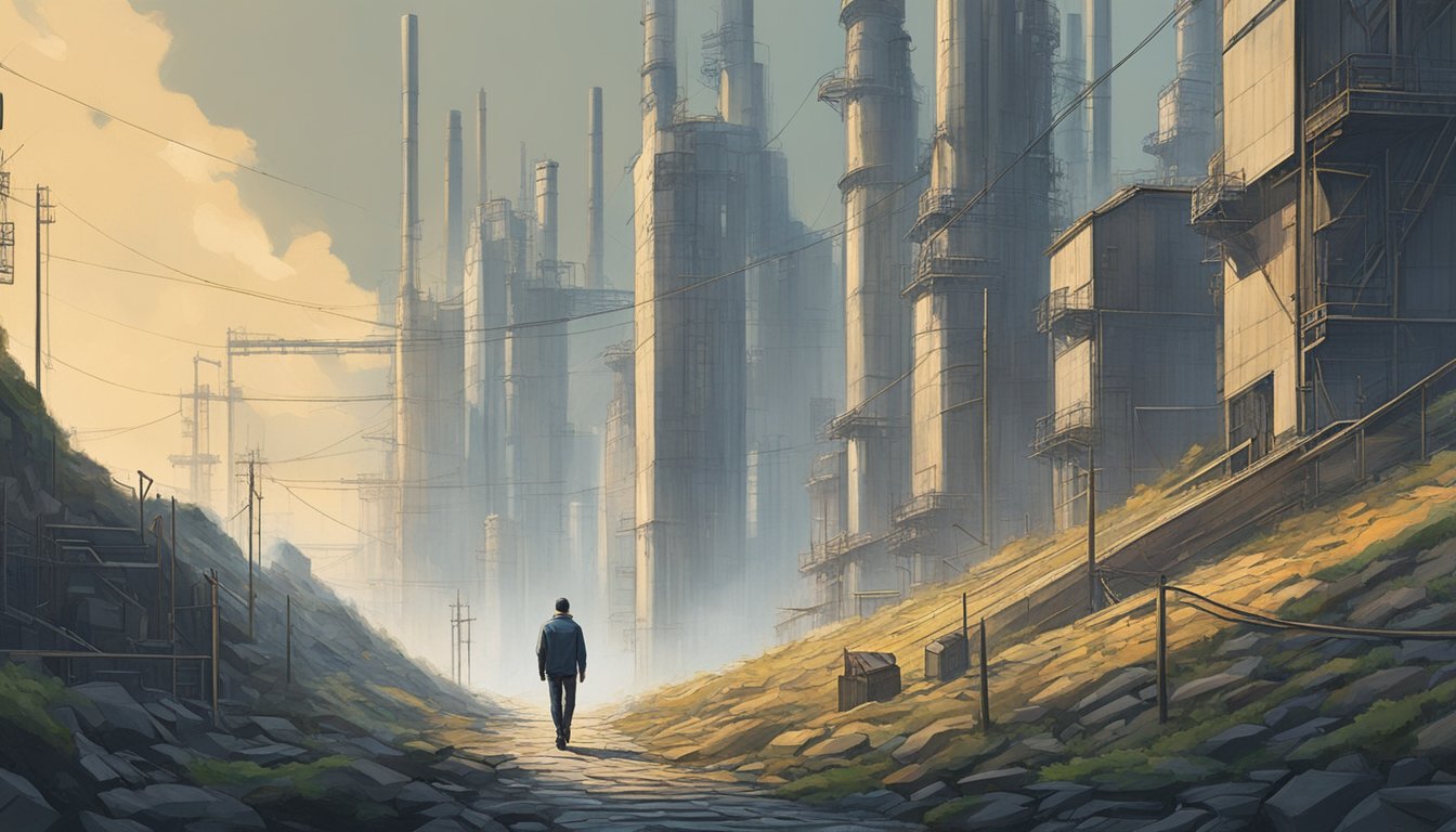 A lone figure walks along a narrow path, surrounded by towering, shifting industry buildings. The contrast between the natural and industrial world evokes a sense of determination and resilience