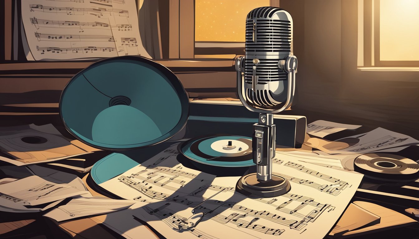 A vintage microphone on a stand surrounded by scattered sheet music and vinyl records. A spotlight shines down on the setup, creating dramatic shadows