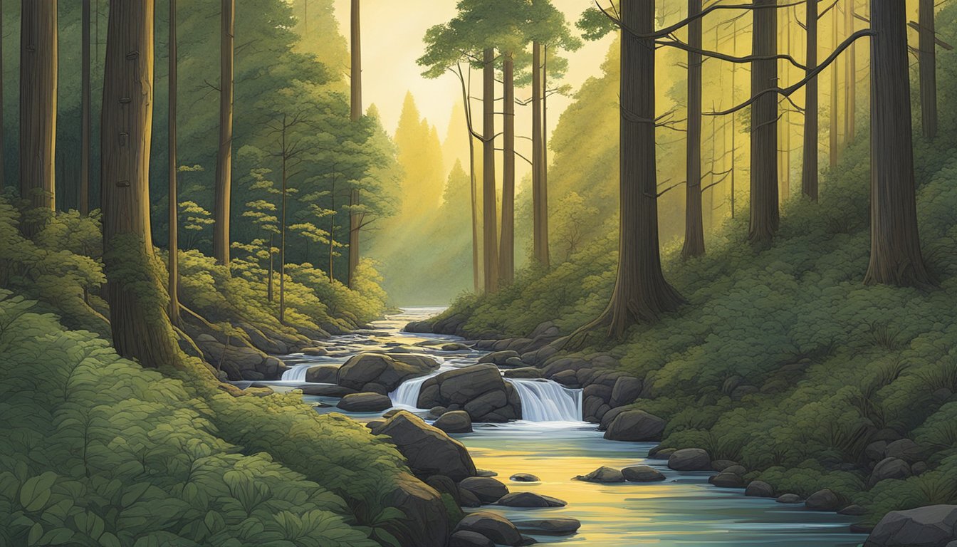 A spotlight illuminates a winding path through a forest, flanked by towering trees and bordered by a narrow, rocky stream. The path leads towards a glowing horizon, symbolizing George's unwavering dedication in a dynamic industry