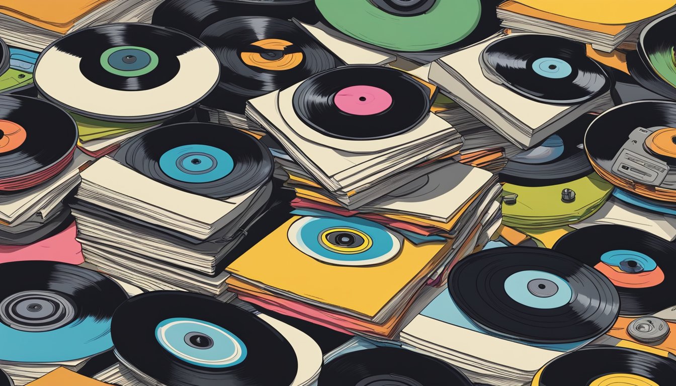 A stack of vinyl records with comical artwork, surrounded by paparazzi cameras and privacy signs