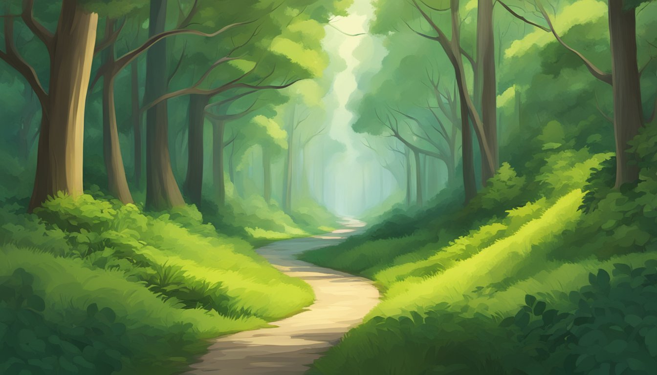 A winding path through a dense forest, with a narrow, straight trail leading through the center, surrounded by towering trees and lush greenery