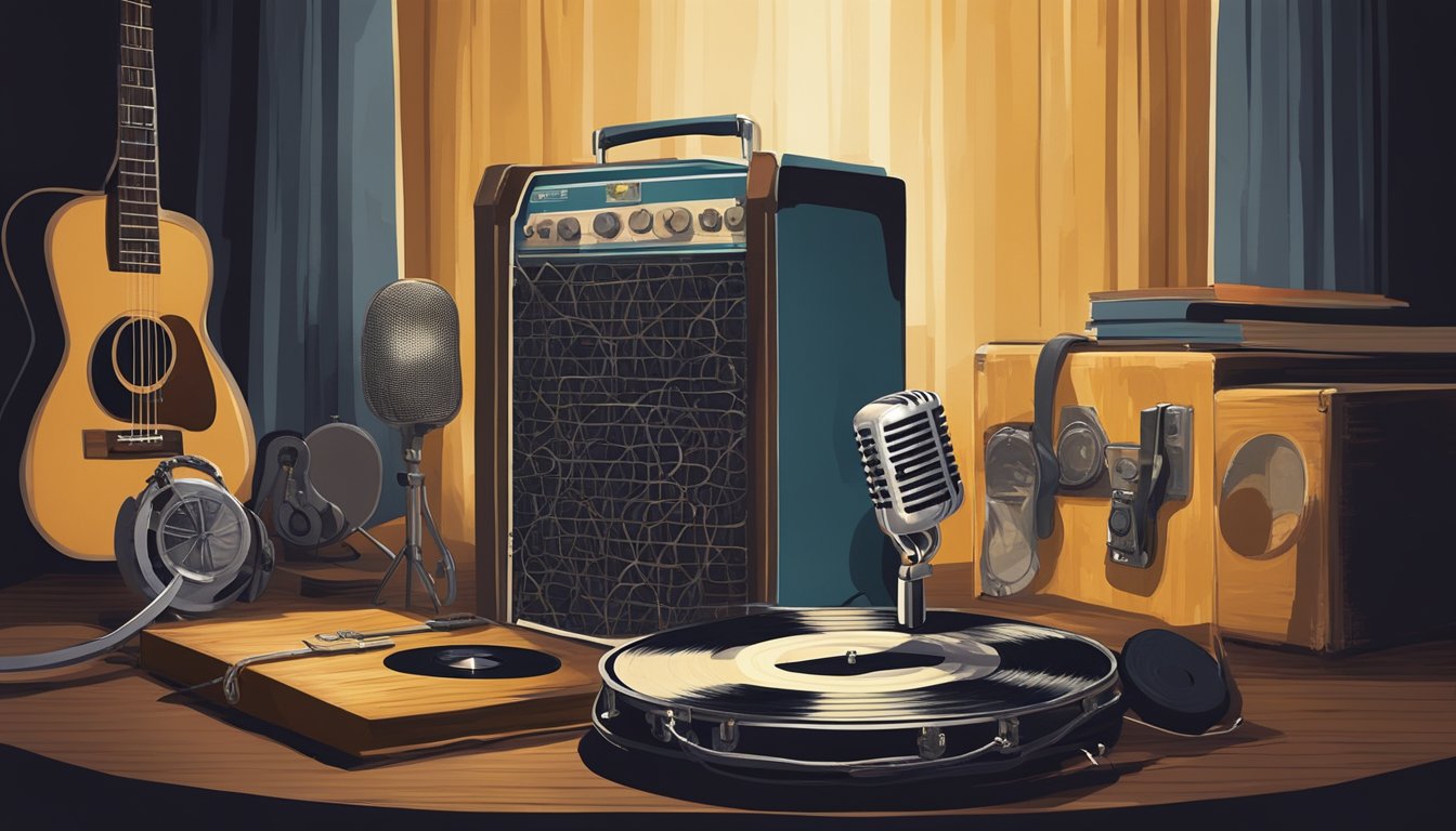 A spotlight shining on a vintage microphone, surrounded by old vinyl records and a worn guitar, symbolizing George's enduring impact on the music industry