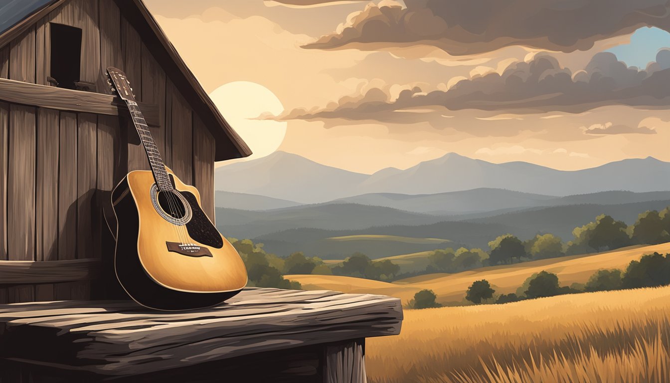 A lone cowboy hat resting on a weathered guitar, surrounded by a backdrop of rolling hills and a rustic barn