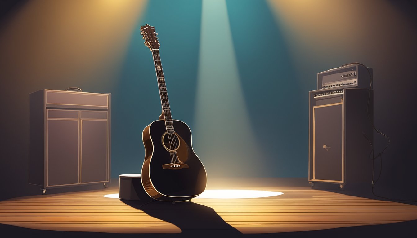 A lone guitar on a stage under a spotlight, with a cowboy hat resting on the neck