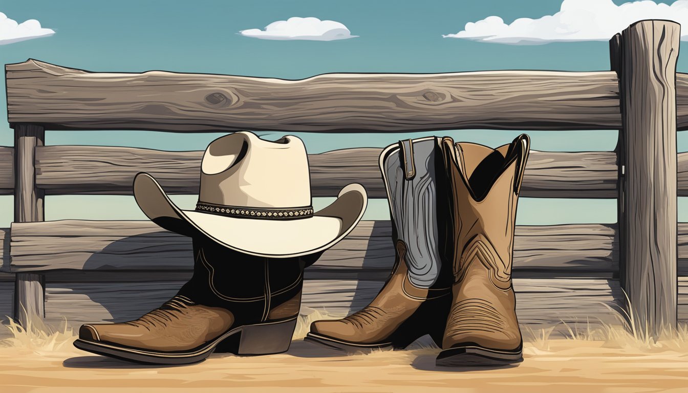 A lone cowboy hat resting on a weathered wooden fence post, with a pair of well-worn cowboy boots nearby