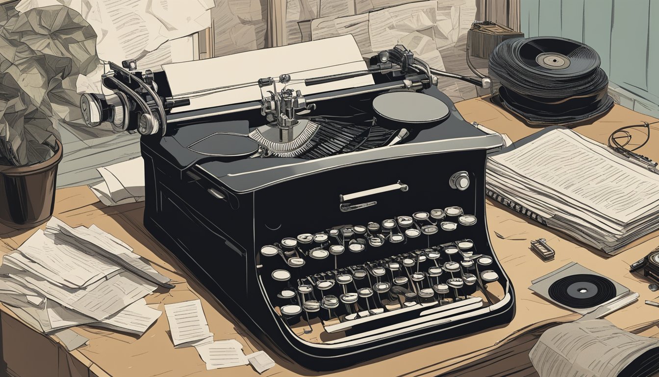 A vintage typewriter surrounded by crumpled paper and scattered pens on a cluttered desk. A stack of completed lyric sheets sits beside a vinyl record player