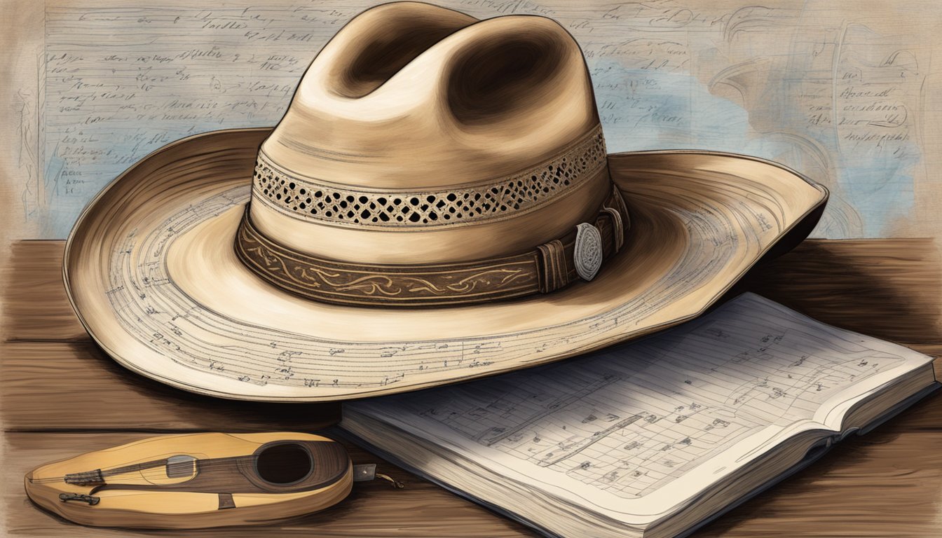 A cowboy hat resting on a weathered acoustic guitar, surrounded by handwritten lyrics and a worn notebook filled with George Strait's personal musings