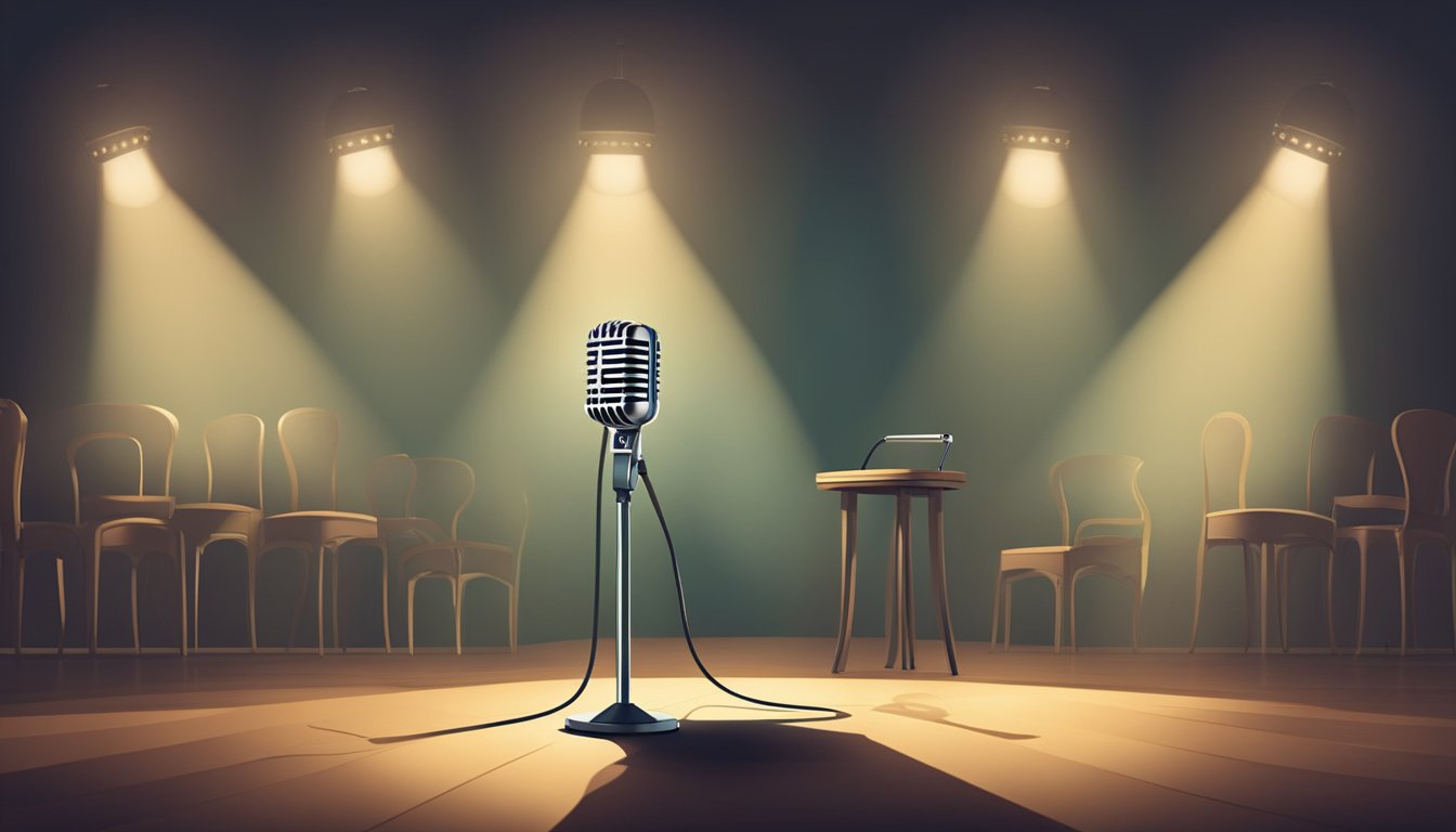 A vintage microphone stands alone on a stage, surrounded by empty chairs. A single spotlight illuminates the mic, casting a dramatic shadow on the floor