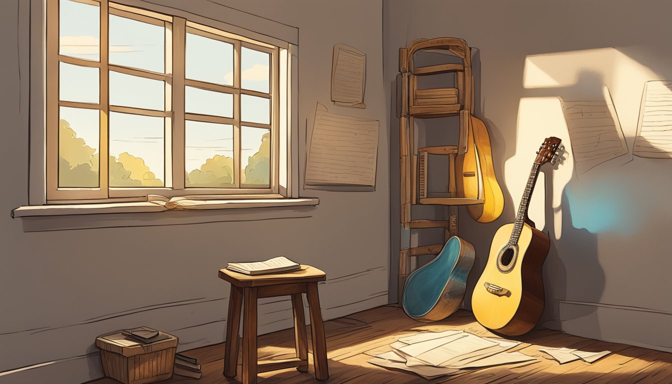 A lone guitar sits on a weathered wooden stool, bathed in warm light streaming through a window. A notebook filled with scribbled lyrics rests beside it, surrounded by scattered sheets of music