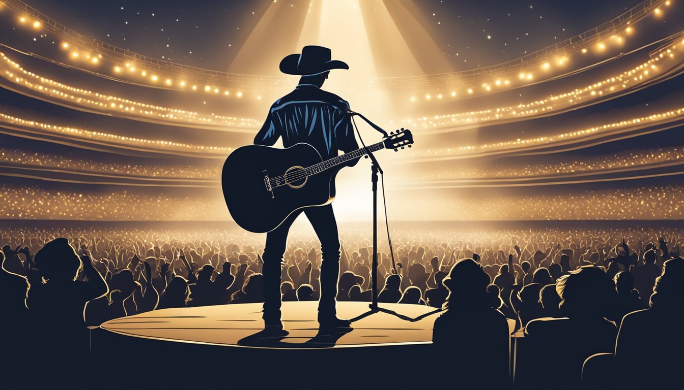 A lone guitar sits on a stage under a spotlight, surrounded by a sea of adoring fans. The silhouette of a cowboy hat is visible in the background